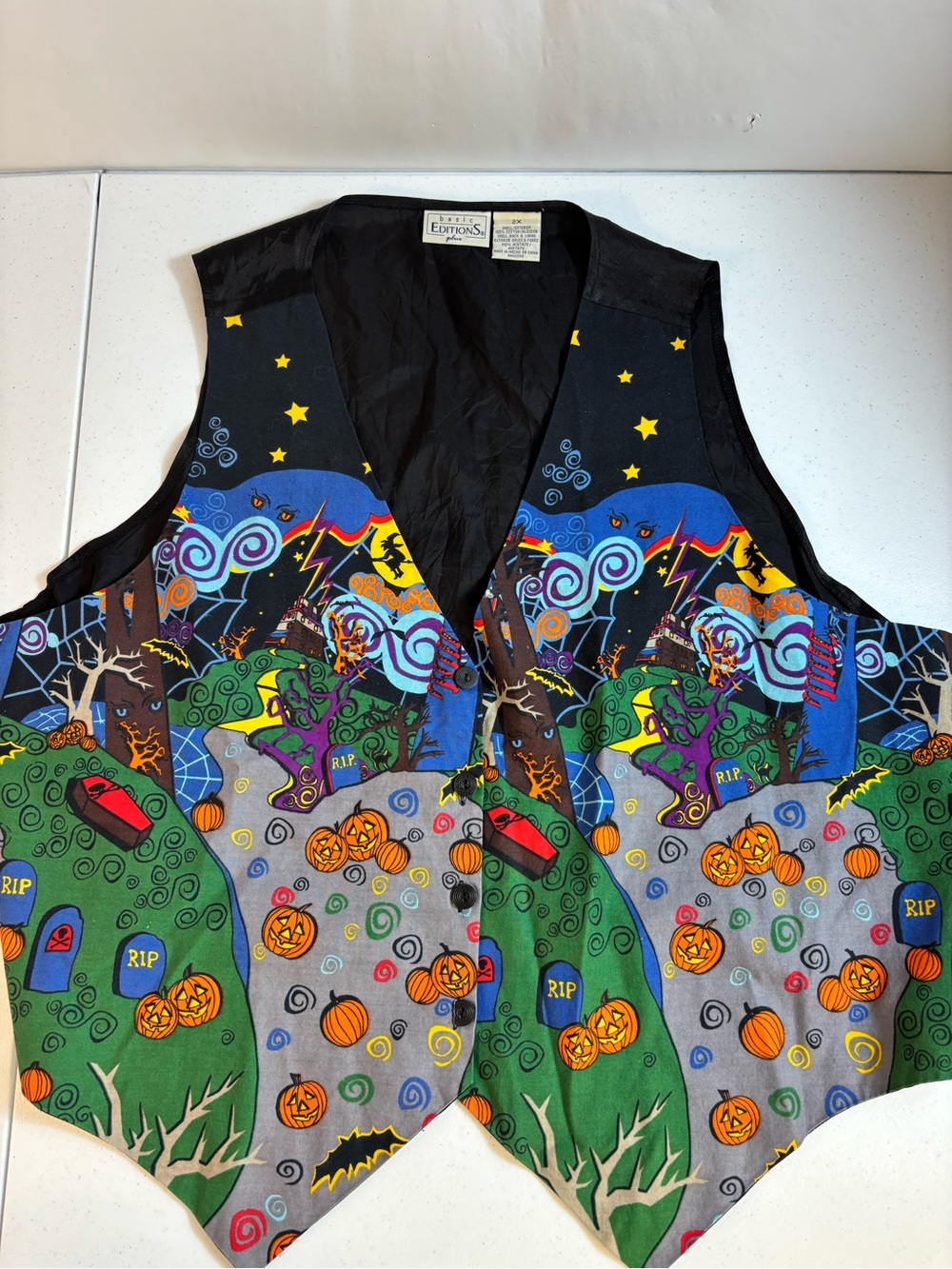 Basic Editions Vintage 90s Halloween Vest Witches Ghosts Graveyard Plus Size 2X